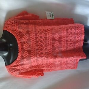 Relativity Size PL  Coral lace semi-sheer top,  cap sleeve